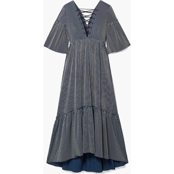 LA LIGNE La Boheme Dress Striped Lace Up Maxi Navy Blue Size XS Tiered Flouncy‎ - Picture 2 of 16